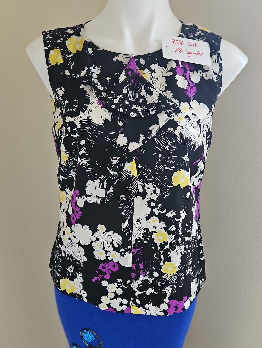 Semantiks Sleeveless Silk Floral Ruffle Front Top